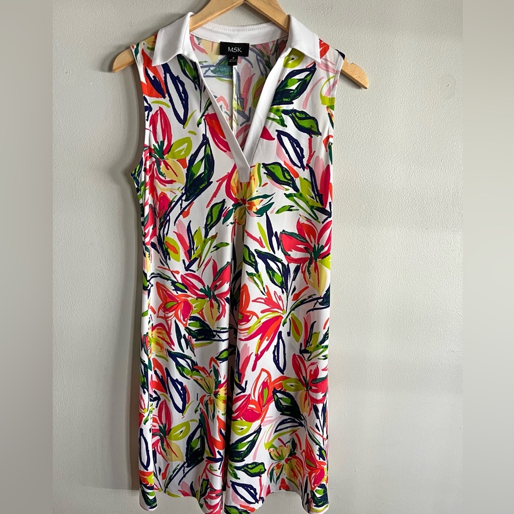 MSK Floral Sleeveless Shift Dress White Collar Stretch Resort S